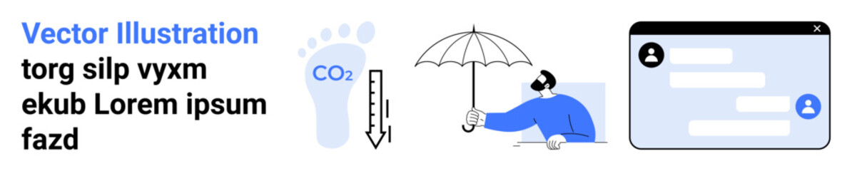 Fototapeta premium Climate change, communication, social interaction, carbon tracking, environmental awareness, digital interfaces. Carbon footprint, thermometer person with umbrella chat interface. Climate change