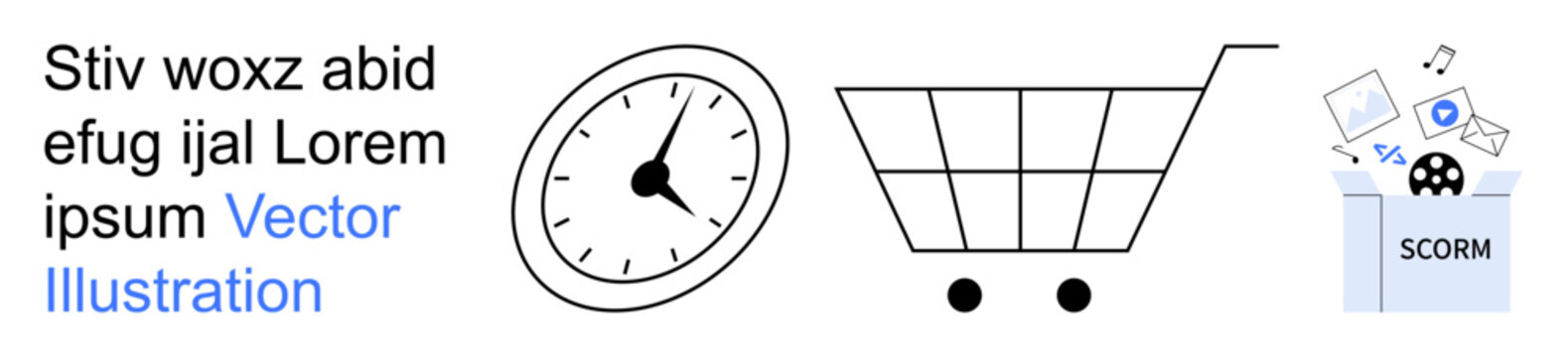 Time management, e-commerce, online education, digital learning, virtual shopping, productivity. Clock, shopping cart SCORM media box. Time management and e-commerce concept