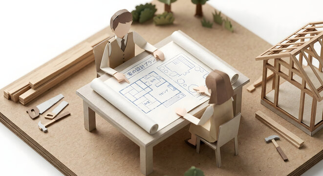 住宅の設計打ち合わせ 間取り図を見る建築家と施主 ジオラマ風