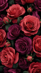 Obraz premium Lush red and deep magenta rose bouquet with dark green leaves, romantic floral texture and dramatic lighting conveying passion and elegance