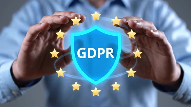 Person protecting gdpr data privacy shield with european union stars,information technology security for companies