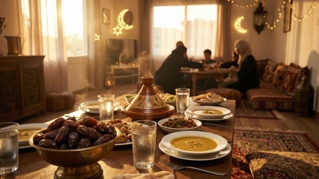 Muslim family of man, woman, and kids enjoying Iftar meal at home for Ramadan. Traditional food on table, celebration of holy month.
