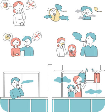 受動喫煙と健康被害、妊婦や子供への影響を表す人物イラストセット単色