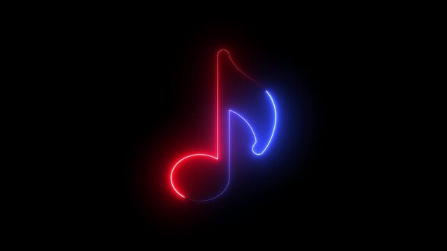 Neon musical note animation glowing red and blue on black background with seamless loop