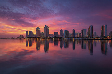 Fototapeta premium Sunset cityscape with modern skyscraper buildings reflecting on calm waterfront under vibrant purple and orange sky, creating peaceful and stunning urban scene