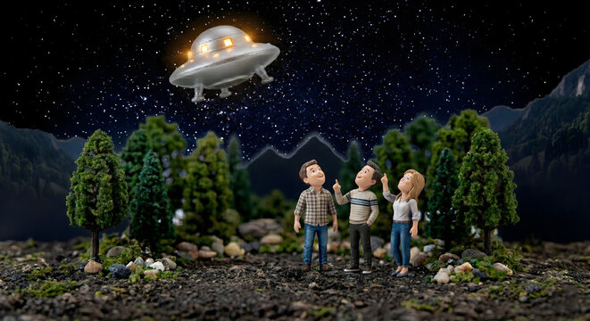 夜空を飛行するUFOを眺める人々 宇宙船と星空 3Dイラスト