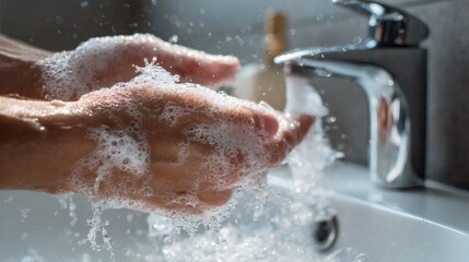 Fototapeta premium POV Hands Washing with Soap Foam Under Running Tap Water.
