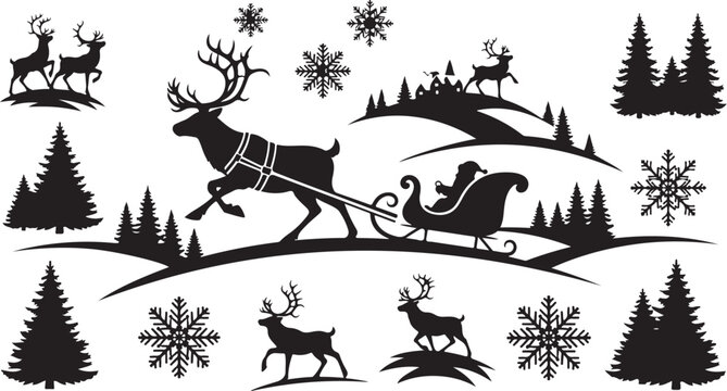 Santa Claus Sleigh Ride Through Snowy Forest with Reindeer and Trees