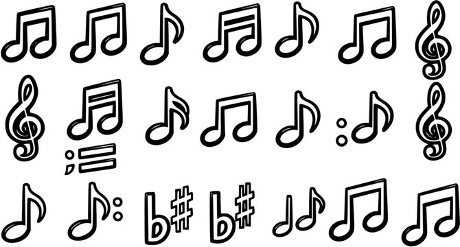 Black and white line art musical notes and symbols collection, vector illustration