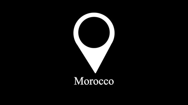 White location pin icon above the word morocco on a black background morocco map marker,with 4k video animation.