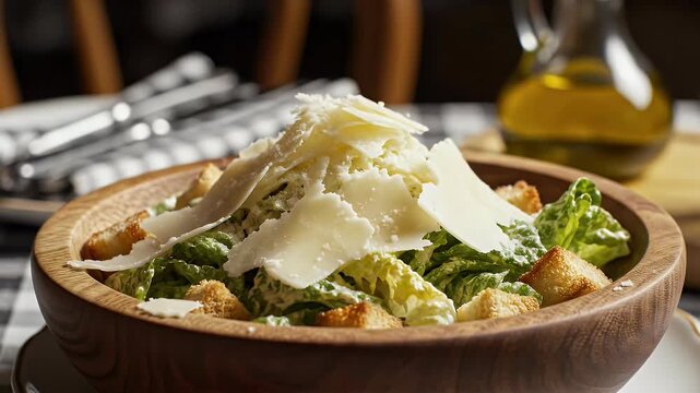 Shaved parmesan cheese piles onto a fresh caesar salad