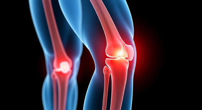 Human knee joint pain inflammation and anatomy of skeleton legs 3d rendering