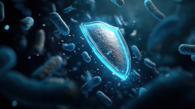 Abstract illustration of a glowing shield protecting against various microscopic organisms