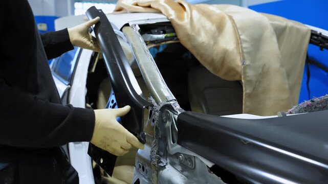 Auto body technician installing structural frame component during car repair in a professional automotive body shop.