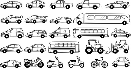 Black and White Line Art Collection of Diverse Vehicles: Cars, Trucks, Buses, Motorcycles, Tractors, and Police Car © pixsource