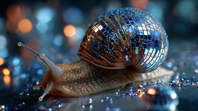 Snail wearing shiny disco ball shell on sparkling surface