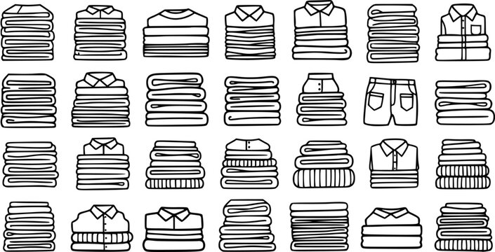 Black  White Line Art Icons Set of Folded Clothes and Laundry Stacks. Hand Drawn Collection for Clothing Care, Household Chores, and Fashion Industry.