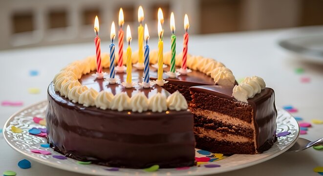 Round chocolate layer cake features lit colorful candles and a slice removed on a white surface