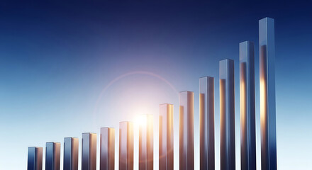 Obraz premium rising metallic bar graph columns illustrating business growth and financial success against a blue sky with a bright sunflare.
