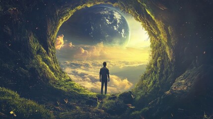 Obraz premium A solitary figure stands at the edge of a mysterious cave opening, gazing out at a distant planet floating in a cloudy sky.