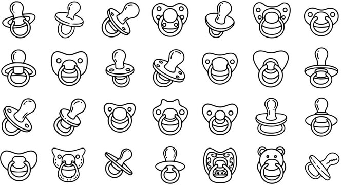 Baby Pacifier Black  White Line Art Icons Set. Outline Vector Collection of Soothers, Dummies, and Binkies for Infant Care and Newborn Essentials.