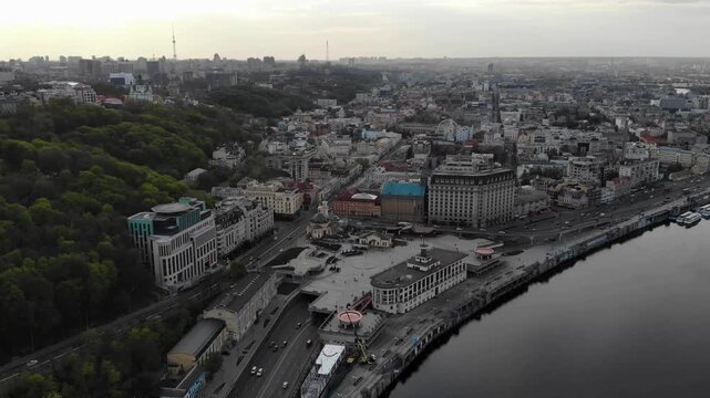 Aerial view of the Podil district and Dnieper River embankment in Kyiv, Ukraine. Russia and Ukraine War destruction 