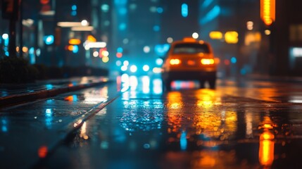 Obraz premium A taxi drives through a rainy city street at night, with blurred city lights reflecting on the wet pavement.