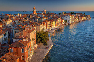 Venice waterfront with historic buildings and terracotta roofs bathed in warm sunlight, calm blue lagoon water, and peaceful atmosphere during sunset in Italy