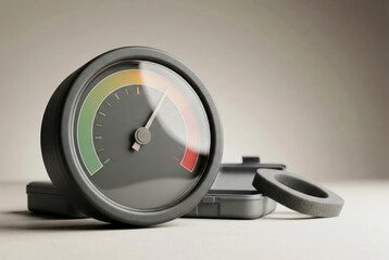 Naklejka premium Round gauge meter with needle in red zone for performance and risk