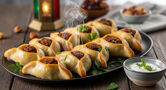 freshly baked middle eastern savory pastries fatayer steaming hot served with a traditional ramadan lantern and dip.