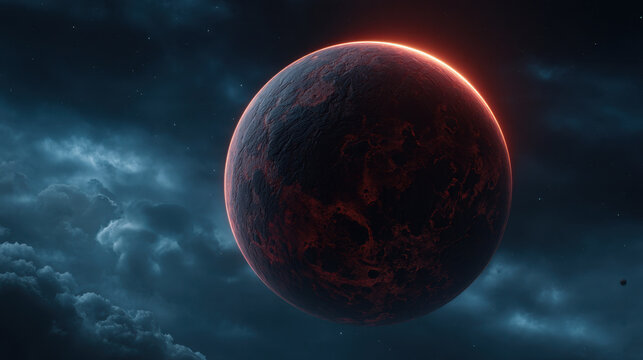 Distant rogue planet colossal dark reddish barren rocky surface glowing rim under stormy nebula clouds dramatic cosmic scene