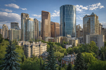Fototapeta premium Modern city skyline with tall office towers and residential buildings surrounded by green trees under partly cloudy sky, showcasing urban architecture and nature harmony