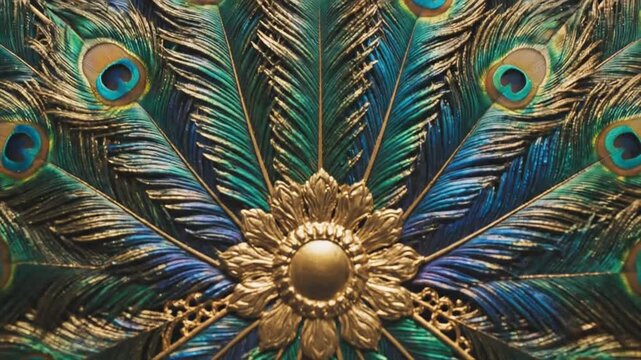 A luxurious symmetrical pattern of peacock feathers arranged around a golden floral centerpiece