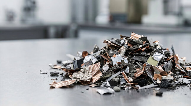 Pile of shredded copper and aluminum scrap metal in a laboratory