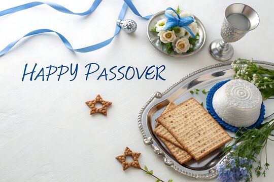 Happy Passover Table With Matzah, Seder Plate, Star Of David And Blue Spring Decorations

