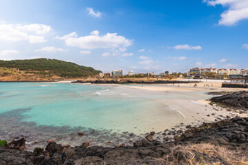 Scenery of Hamdeok Seoubonghaebyeon Beach on Jeju Island northeast coast in South Korea