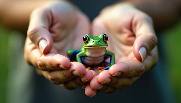 A person showing gentle affection, holding a colorful frog in hands, on a green background
