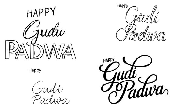  Happy Gudi Padwa hand lettering calligraphy text design set with multiple styles for Indian Hindu New Year festival greeting card and celebration decoration