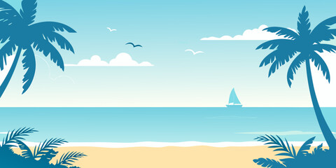 Fototapeta premium Tropical beach scene with palm trees ocean and a distant sailboat