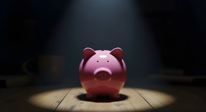 A piggy bank on a wooden table under a spotlight, capturing the moment of coin insertion with a moody atmosphere