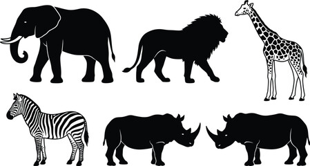 African safari wildlife silhouettes including elephant lion giraffe zebra and rhinoceros isolated vector animal illustration set for nature design © Heyyy