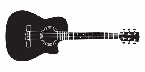 A black silhouette of an acoustic guitar on a white background
