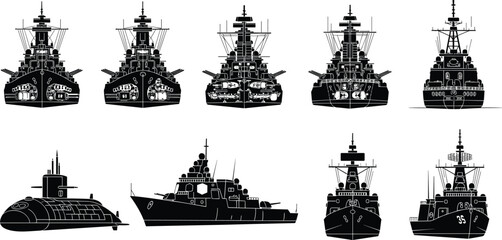 Military warships and submarine silhouettes collection front and side views naval fleet vector illustration isolated on white background © Ideasy Mind