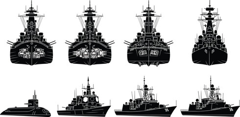 Military warship and submarine silhouettes collection with front and side views naval fleet vector illustration isolated on white background © Ideasy Mind