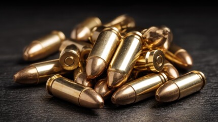 Close up of golden bullets in a pile ready for use on a transparent background