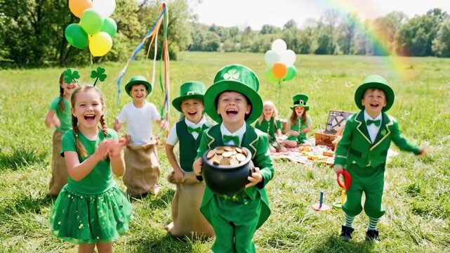 Child in leprechaun costume celebrating St. Patrick's Day carnival. Joyful boy holding pot of gold at spring outdoor festival.