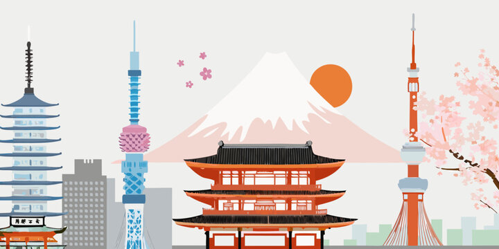 Iconic japanese landmarks including mount fuji and tokyo tower illustration
