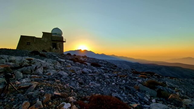 The Skinakas observatory, located on top of Ida mountain in Central Crete during sunset.