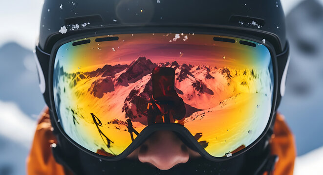 Close-up macro view of a professional skier's iridescent reflective goggle visor displaying a panoramic winter landscape with snow-covered mountain peaks and bright alpine sunlight.