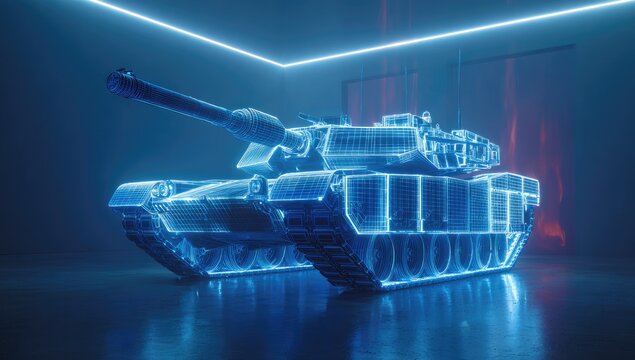 Futuristic wireframe military tank illuminated with blue neon lights